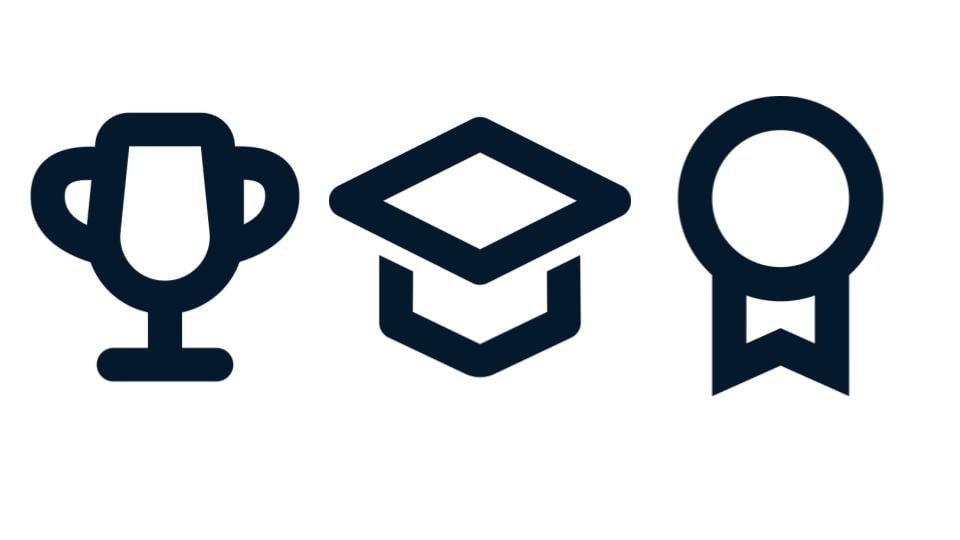 Illustrations of a trophy, a graduation cap, and a medal
