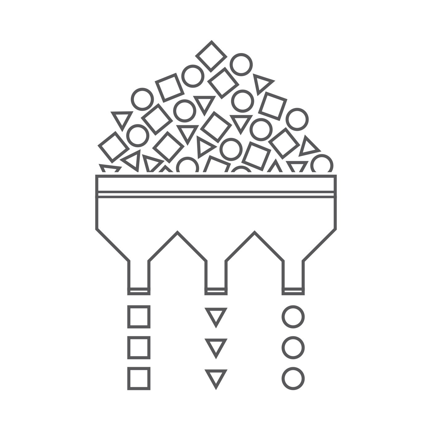 Illustration showing a full funnel with different shapes being funneled into three categories: squares, circles, and triangles