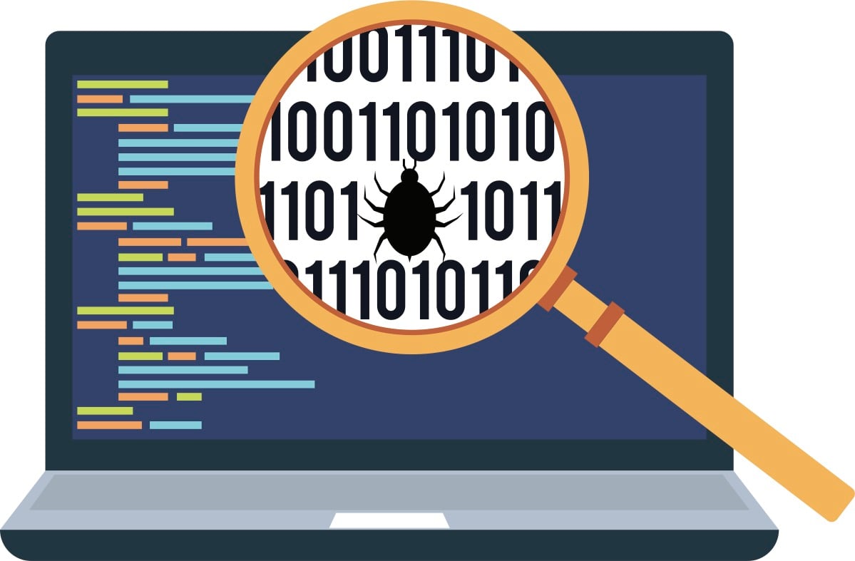 Digital image of a laptop and magnifying glass highlighting a bug in the code