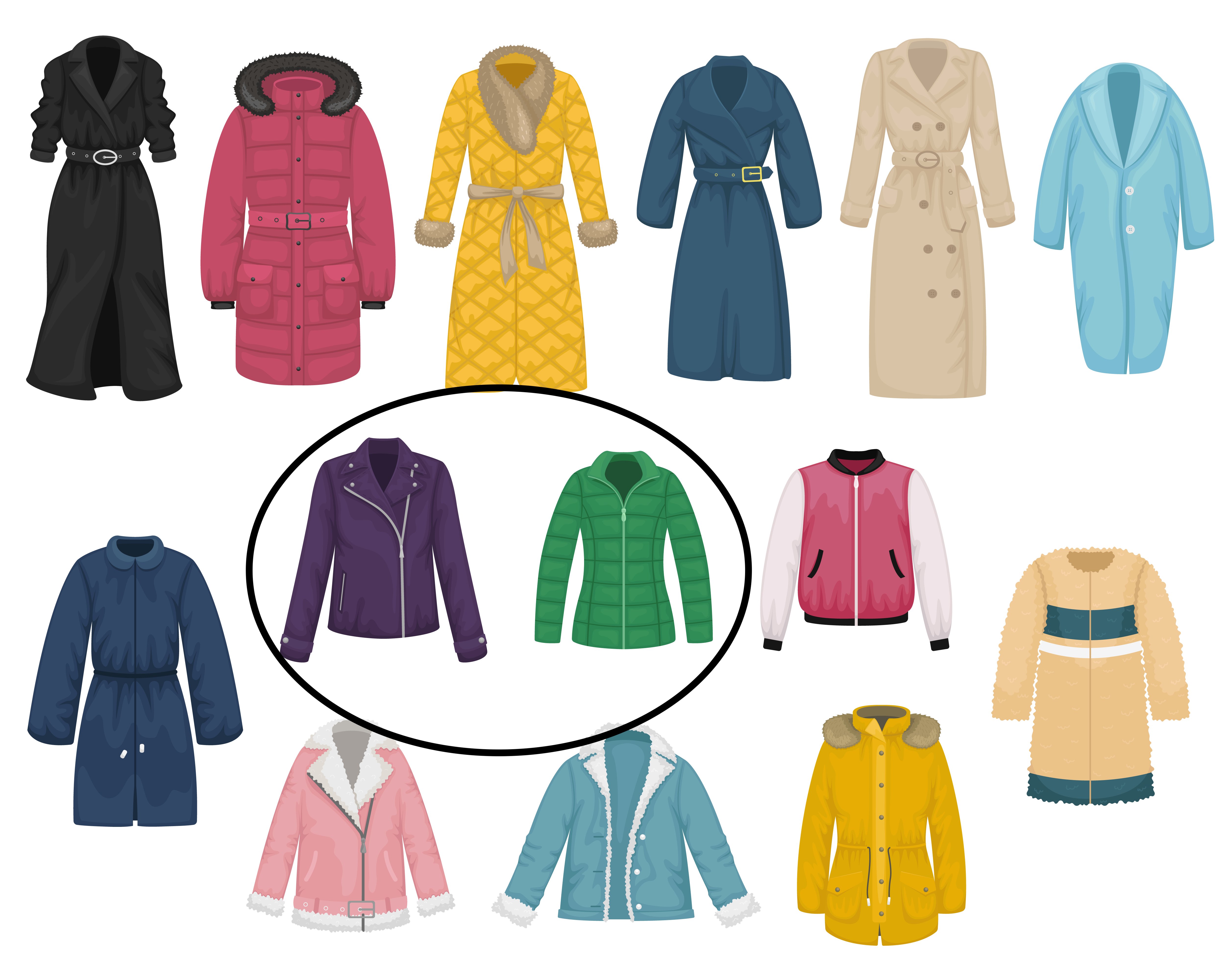 Image with a variety of colorful coats with a circle around the purple coat and green coat