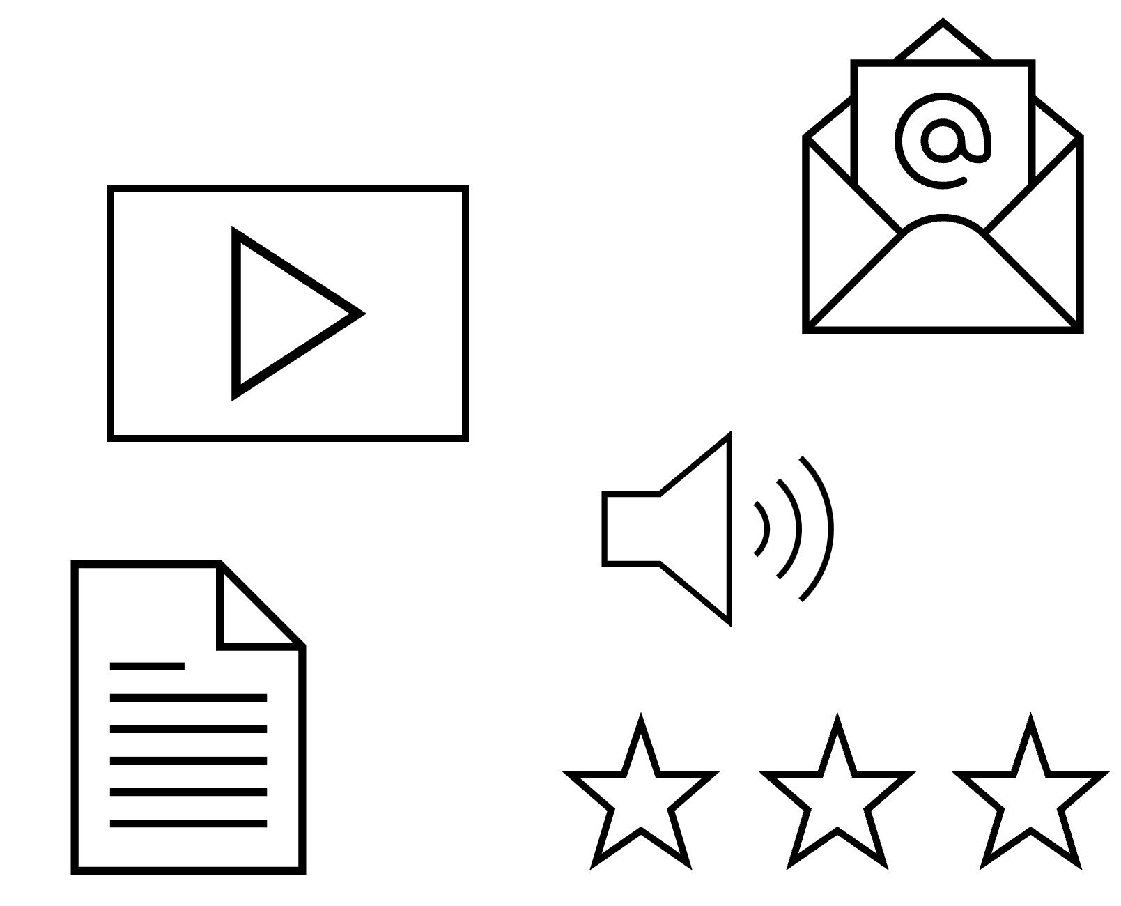 Ícones de vídeo, texto, e-mail, som e estrelas