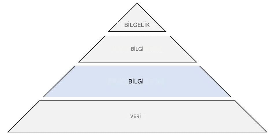 Bilgi adımı vurgulanmış DIKW piramidi diyagramı