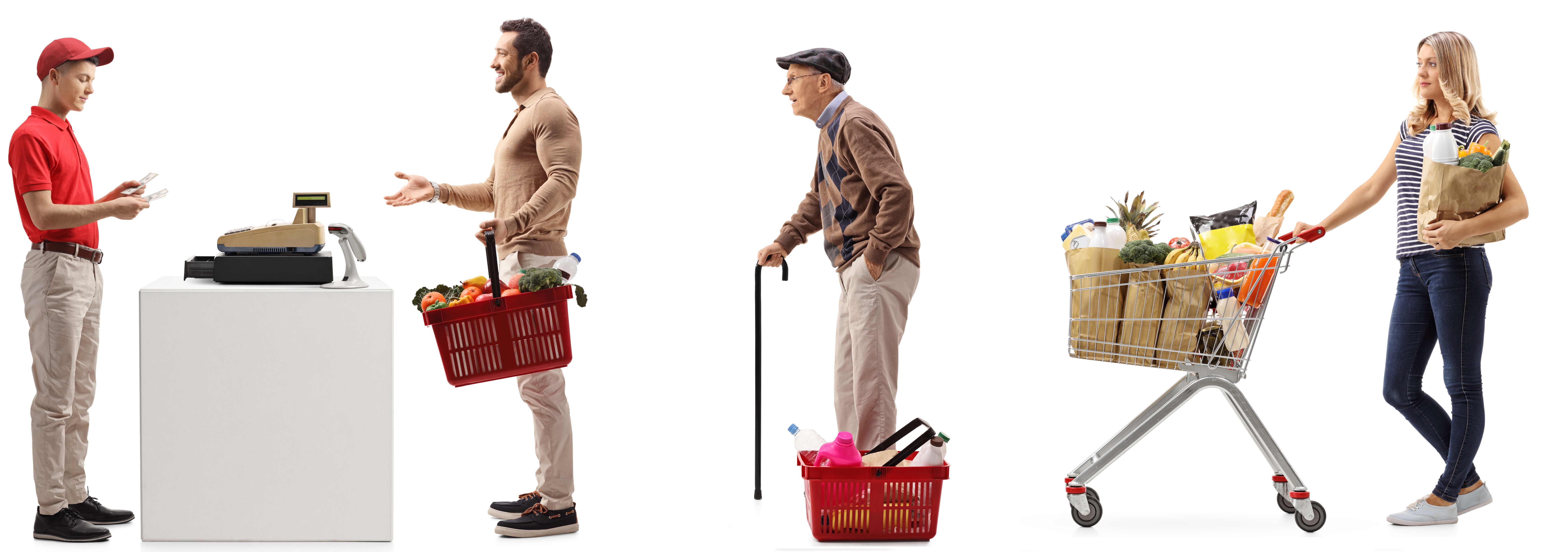A picture of a supermarket line with three persons in it.