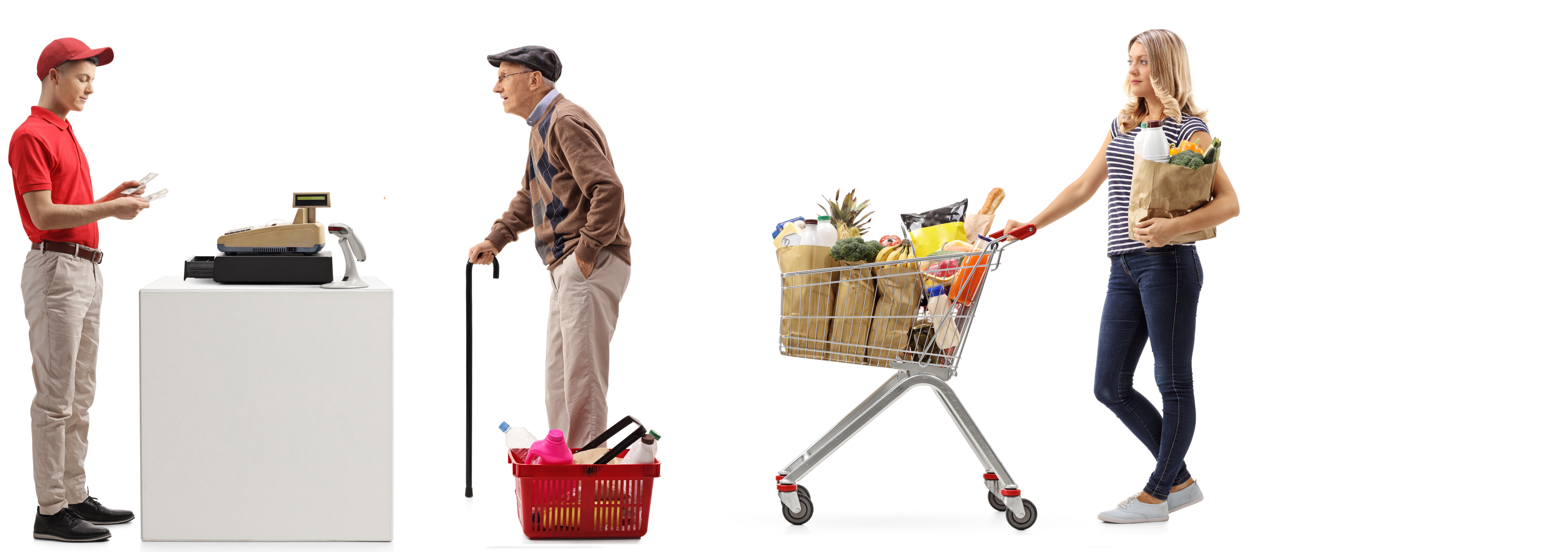 A picture of a supermarket line with two persons in it because the first person left the queue.