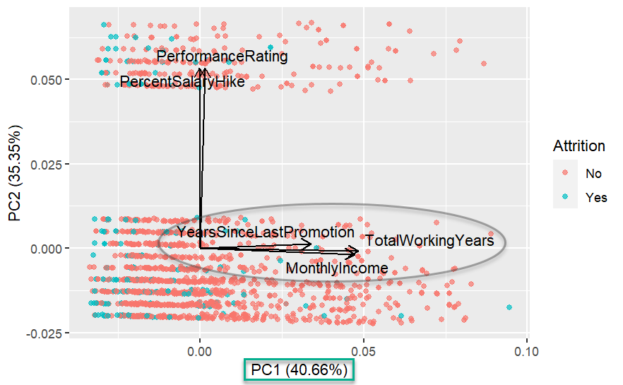 PCA Plot - features that load on the first principal component