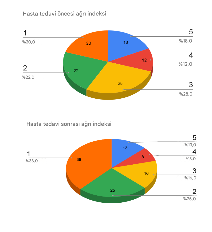 Tedavi öncesi ve sonrası sonuçları gösteren iki adet 3 boyutlu pasta grafik