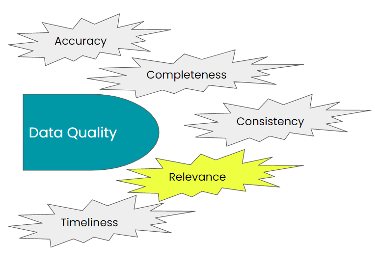 Data Quality elements: Accuracy, Completeness, Consistency, Relevance, Timeliness; Relevance Highlighted