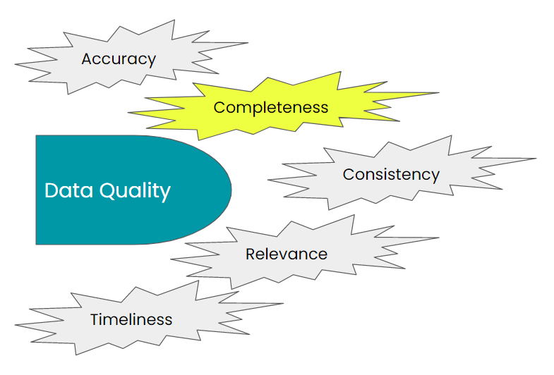 Data Quality elements: Accuracy, Completeness, Consistency, Relevance, Timeliness; Completeness Highlighted