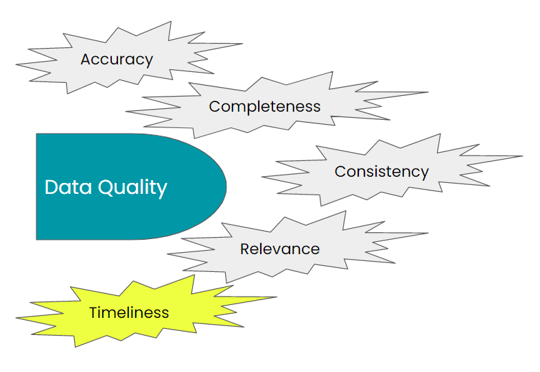 Data Quality elements: Accuracy, Completeness, Consistency, Relevance, Timeliness; Timeliness Highlighted