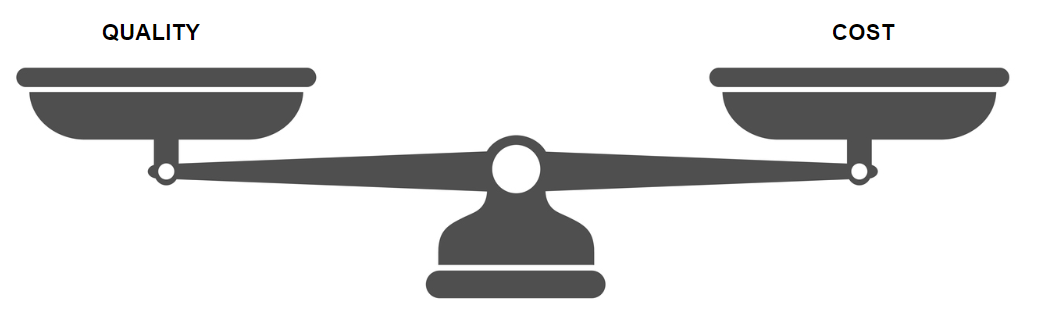 A scale that symbolize the balance between Quality vs. Cost.