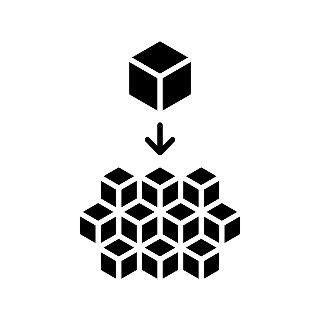A big cube and a group of smaller cubes symbolizing microservices.