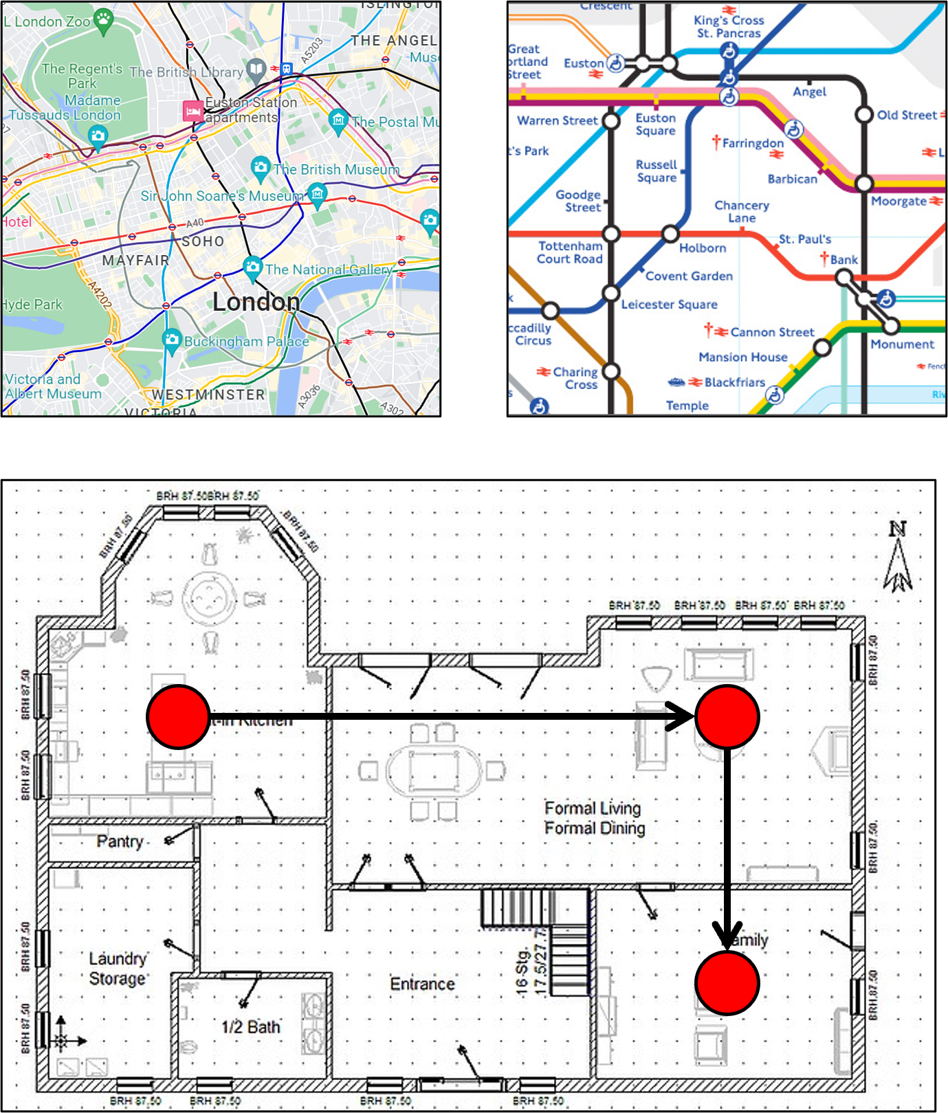 Sample images of London geo map, London metro map and a plan of a house
