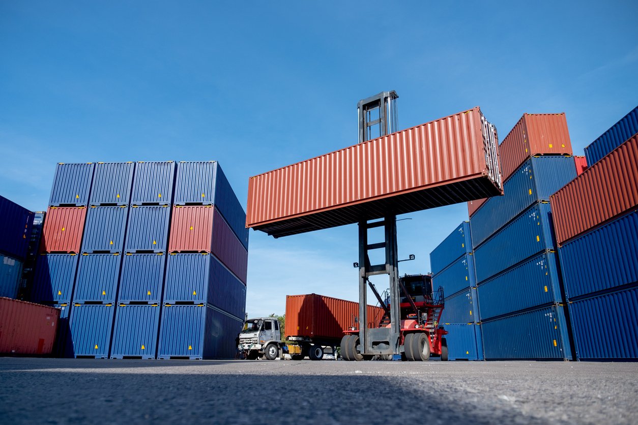 A picture of containers in a harbor