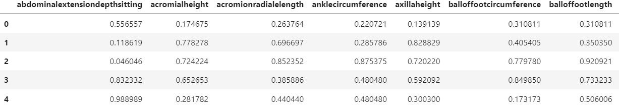 The first five rows of a transformed version of Ansur Males body measurements dataset.