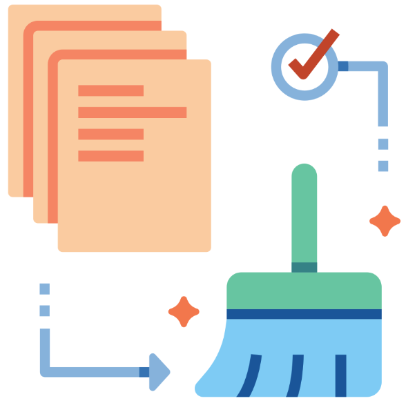 Documents and a broom to illustrate data cleaning