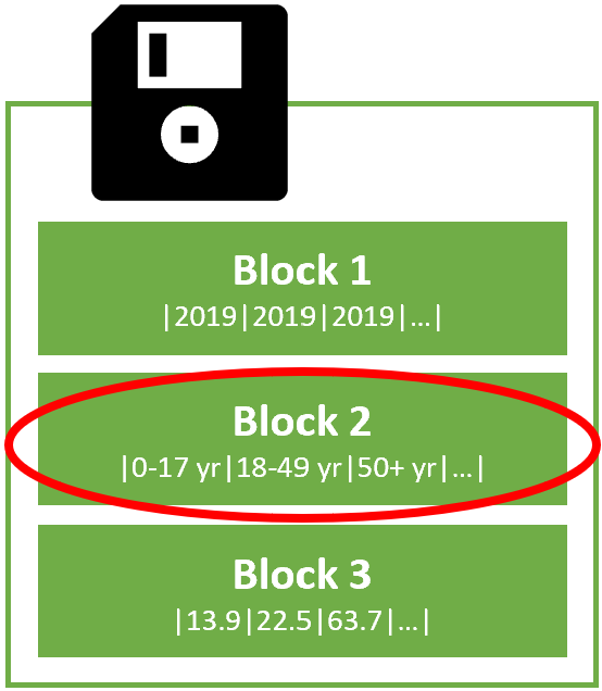 Symbolic image of a hard disk with multiple blocks for storage with a column stored in each block
