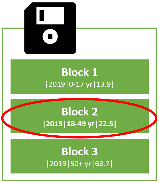 Symbolic image of a hard disk with multiple blocks for storage with a row stored in each block