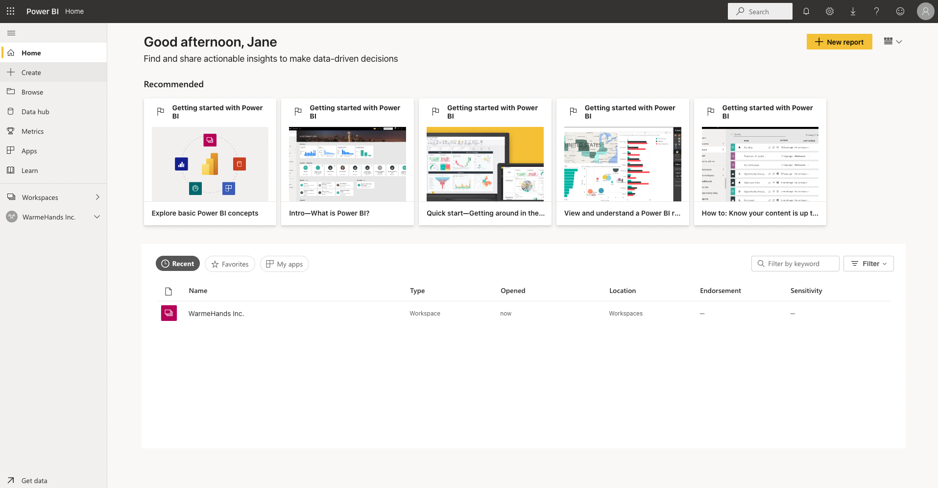Image of the Power BI Service home dashboard.