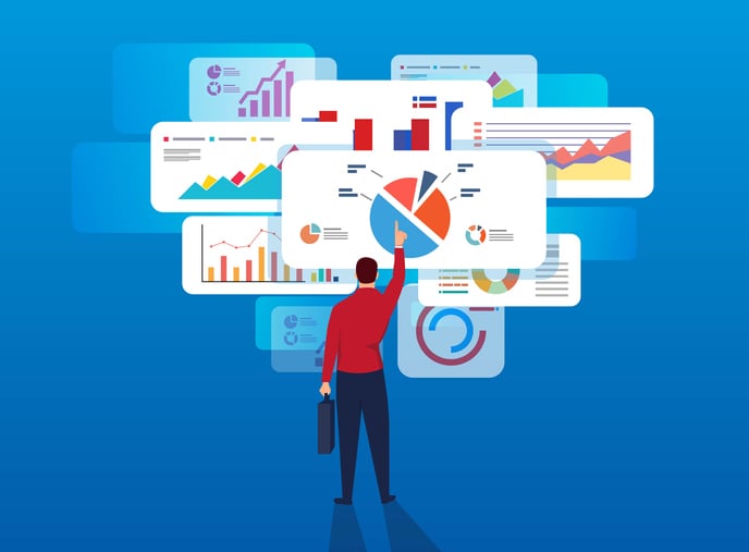 Cartoon image of a man holding a briefcase, selecting specific data visualizations from a number of visualization options in front of him.
