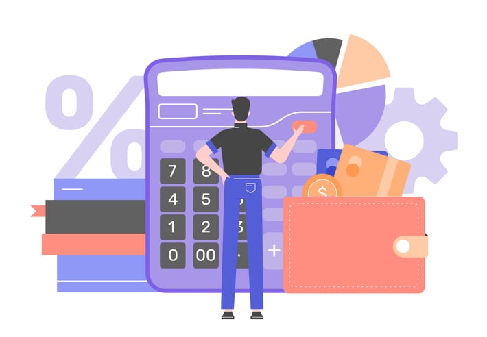 Cartoon image of a man carrying out calculations on a large  calculator.