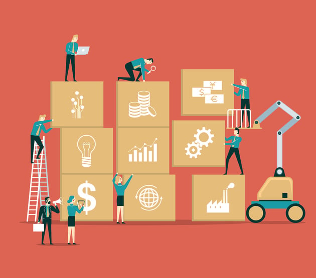 Cartoon image of a group of workers stack different boxes with different key components of inventory analysis displayed on them.