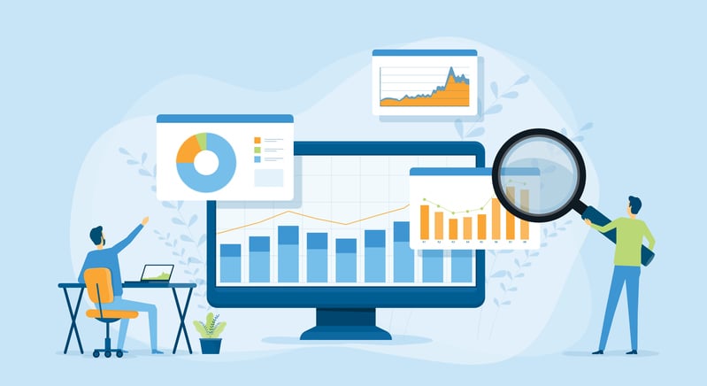 Cartoon image showing two people looking at data visualizes with a magnifying glass.