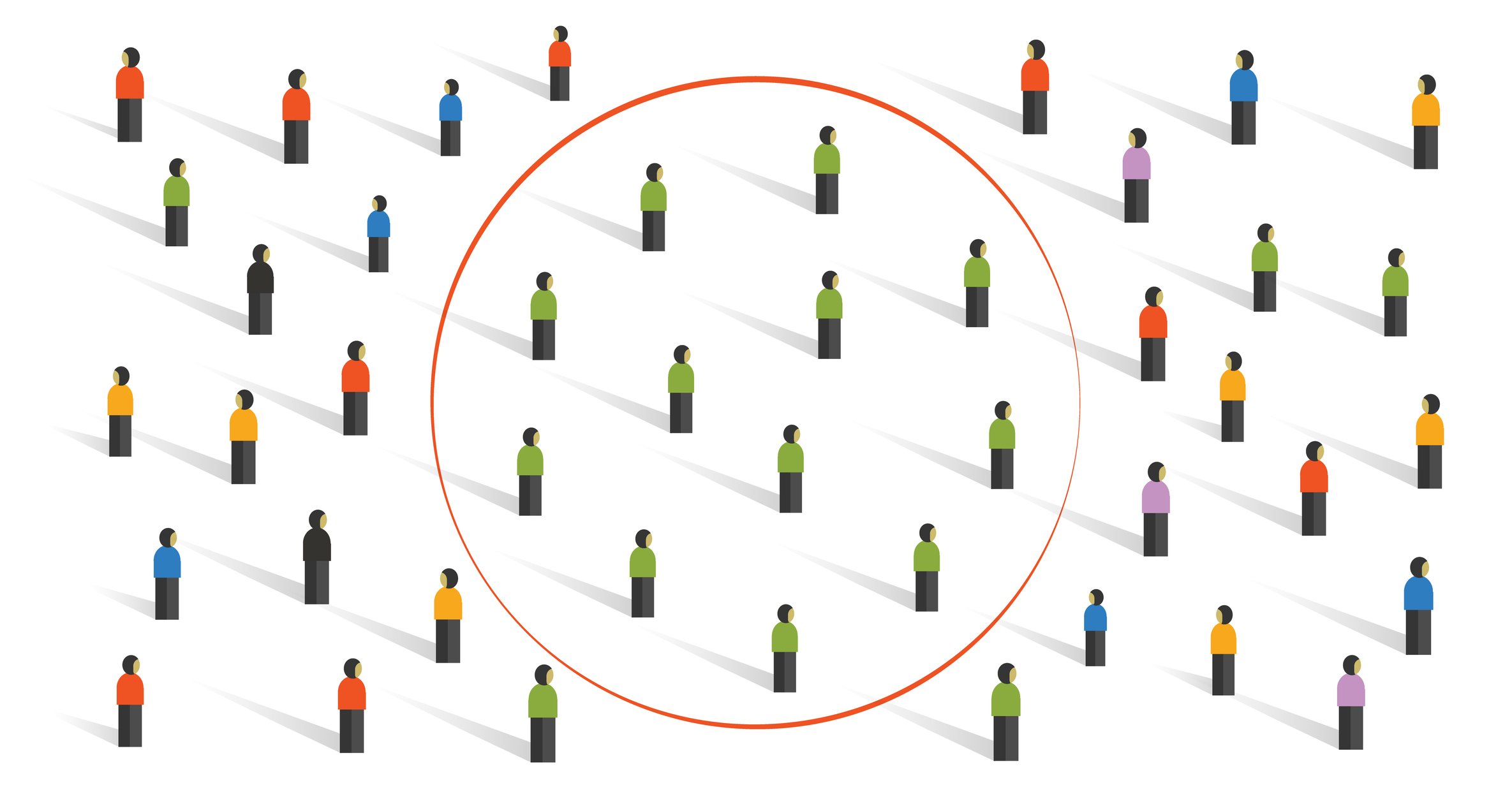 A group of people with different colored shirts, but a sample containing only people in green shirts.
