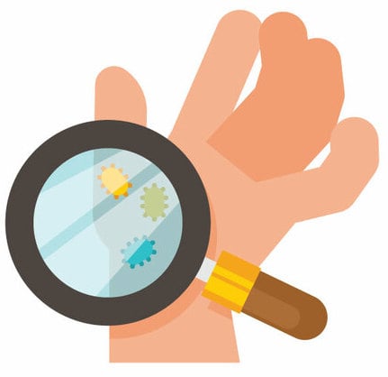 A magnifying glass showing germs on a cartoon hand.
