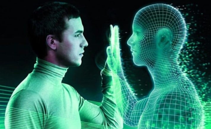 A man touching hands with a simulated version of himself