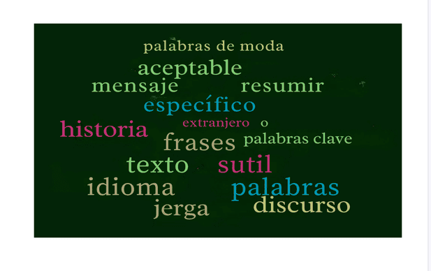 La nube de palabras muestra las palabras pronunciadas por el narrador en varios colores y diapositivas