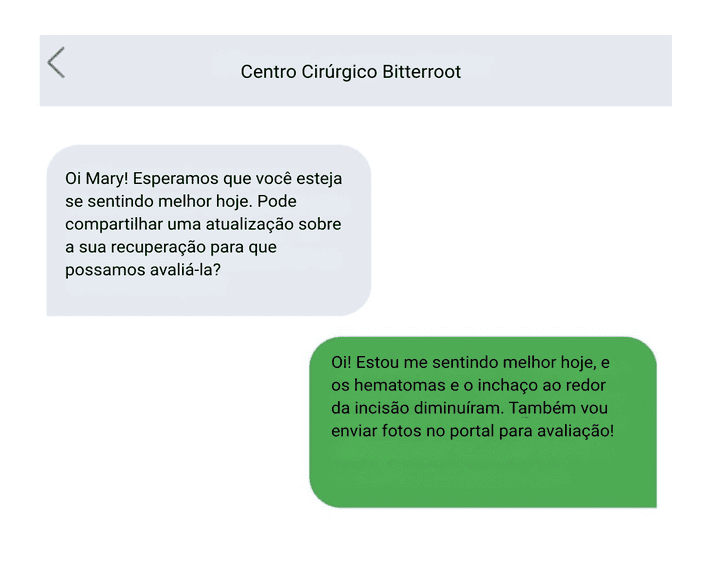 Um gráfico mostra uma conversa por mensagem de texto no celular que passa só as informações importantes de um jeito claro.
