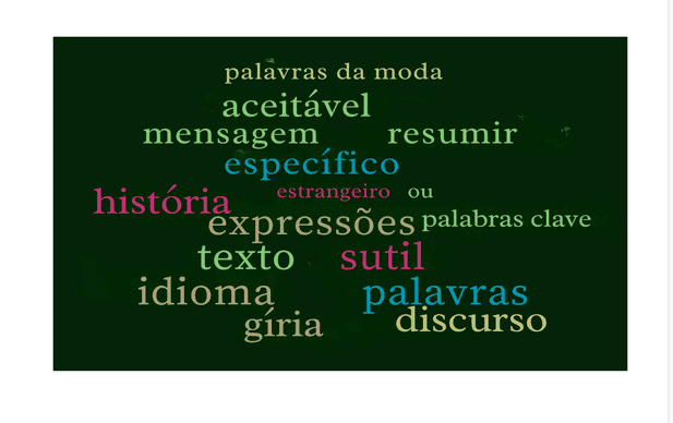 A nuvem de palavras mostra as palavras ditas pelo narrador em várias cores e slides