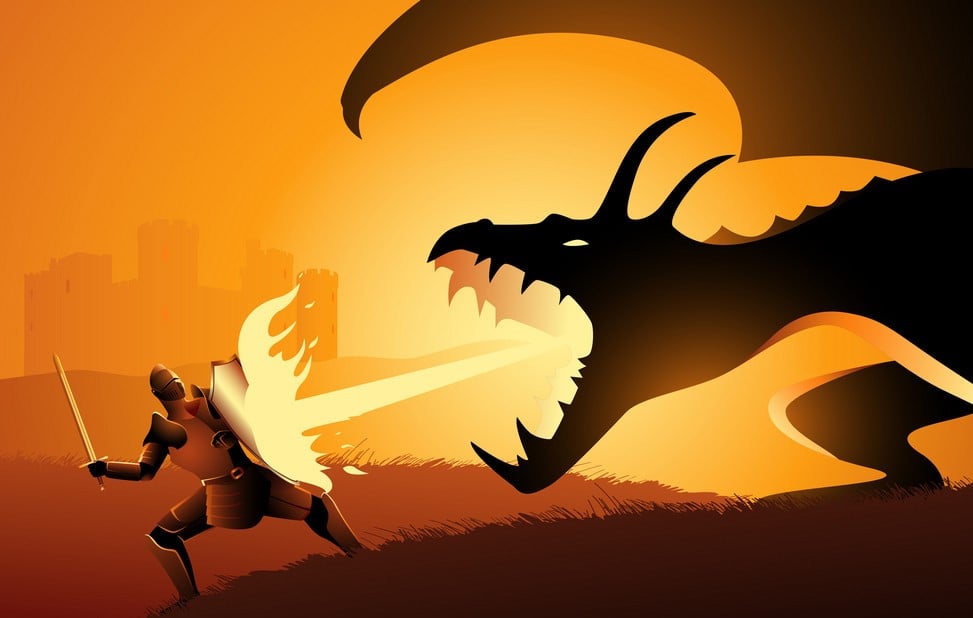 A picture of a knight fighting a fire breathing dragon