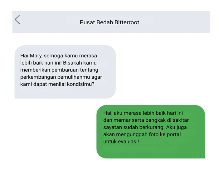 Grafik menunjukkan percakapan pesan teks melalui telepon yang menyampaikan hanya informasi penting dengan cara yang jelas