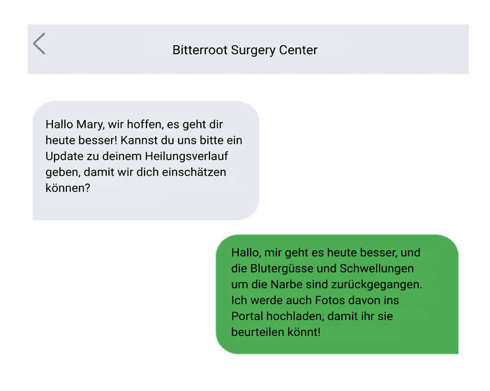 Eine Grafik zeigt eine SMS-Unterhaltung, in der nur die wichtigsten Infos klar rübergebracht werden.