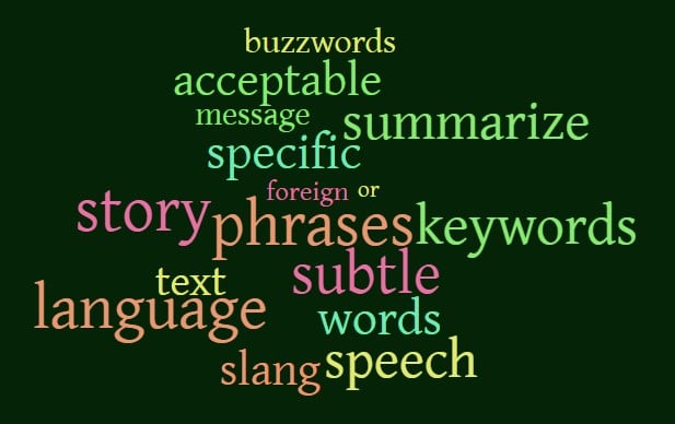 word cloud shows the words spoken by the narrator in various colors and slides