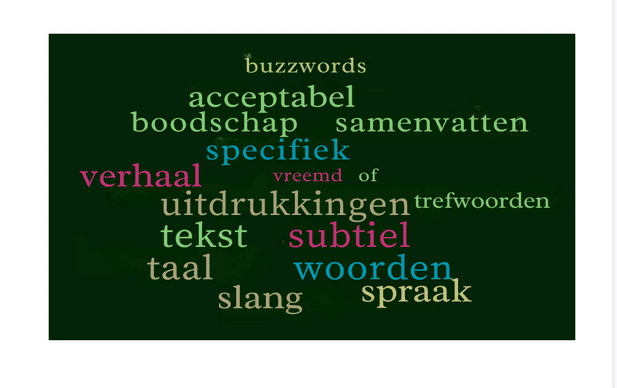 een woordwolk laat de woorden van de verteller in verschillende kleuren en dia's zien