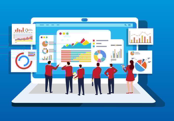 A group of business people looking at data