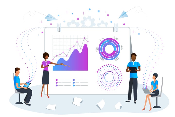 A group of illustrated people looking at charts together