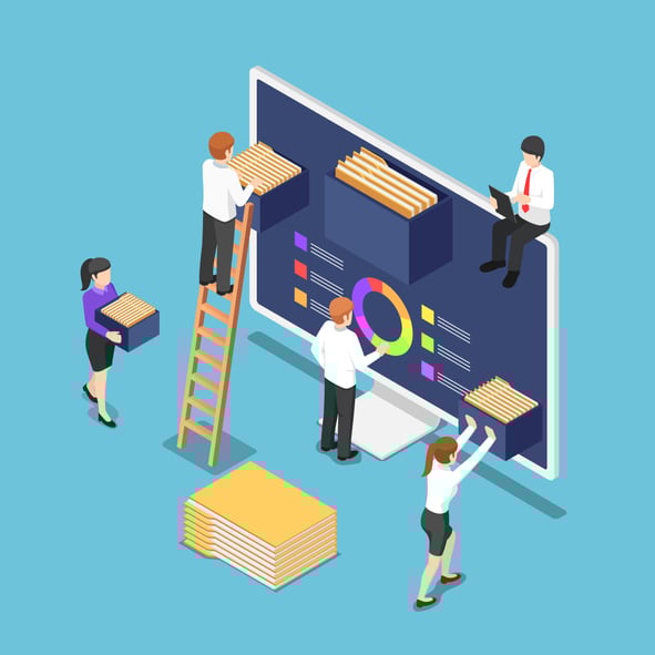 Business people organizing document,files, and folders inside of a computer