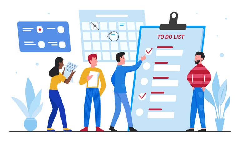 Cartoon business people next to a checklist