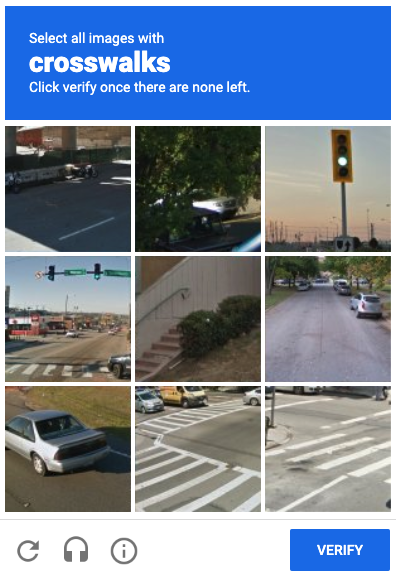 Image of a reCaptcha verification asking the user to match crosswalks.
