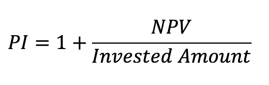 The profitability index is one plus the NPV divided by the invested amount.