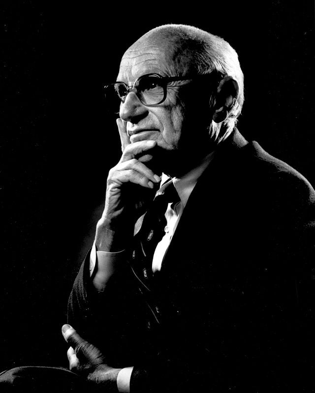 Black and white portrait of Milton Friedman.