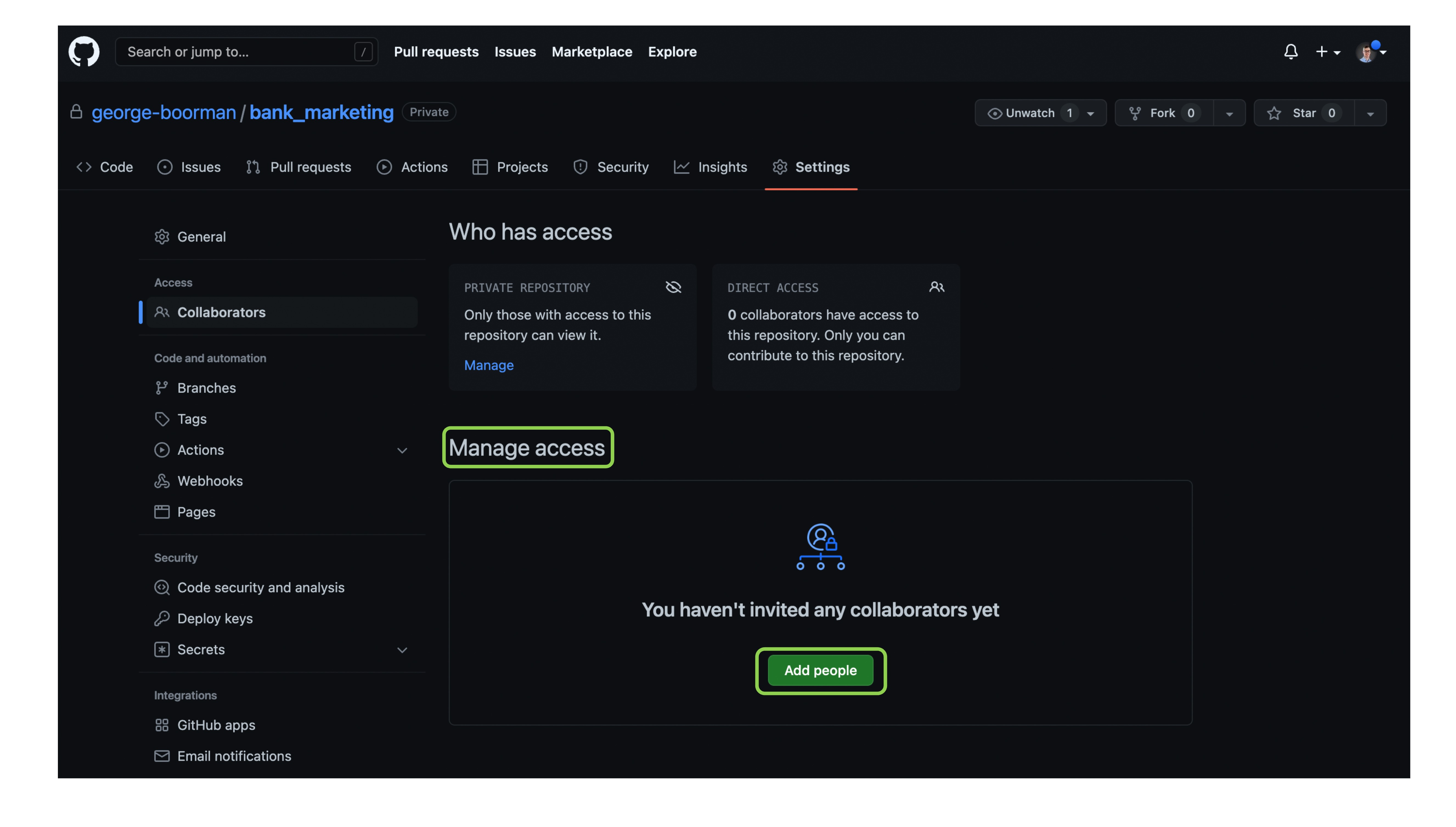 Collaborators page showing with the Manage access section and Add people button highlighted