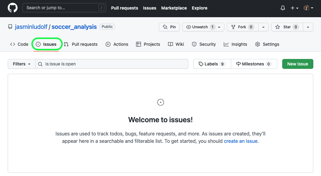 View of soccer analysis repo with the Issues tab highlighted