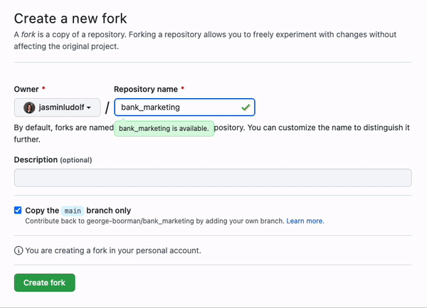 Animated image showing the name of the forked repo being changed from bank marketing to bank marketing jasmin.