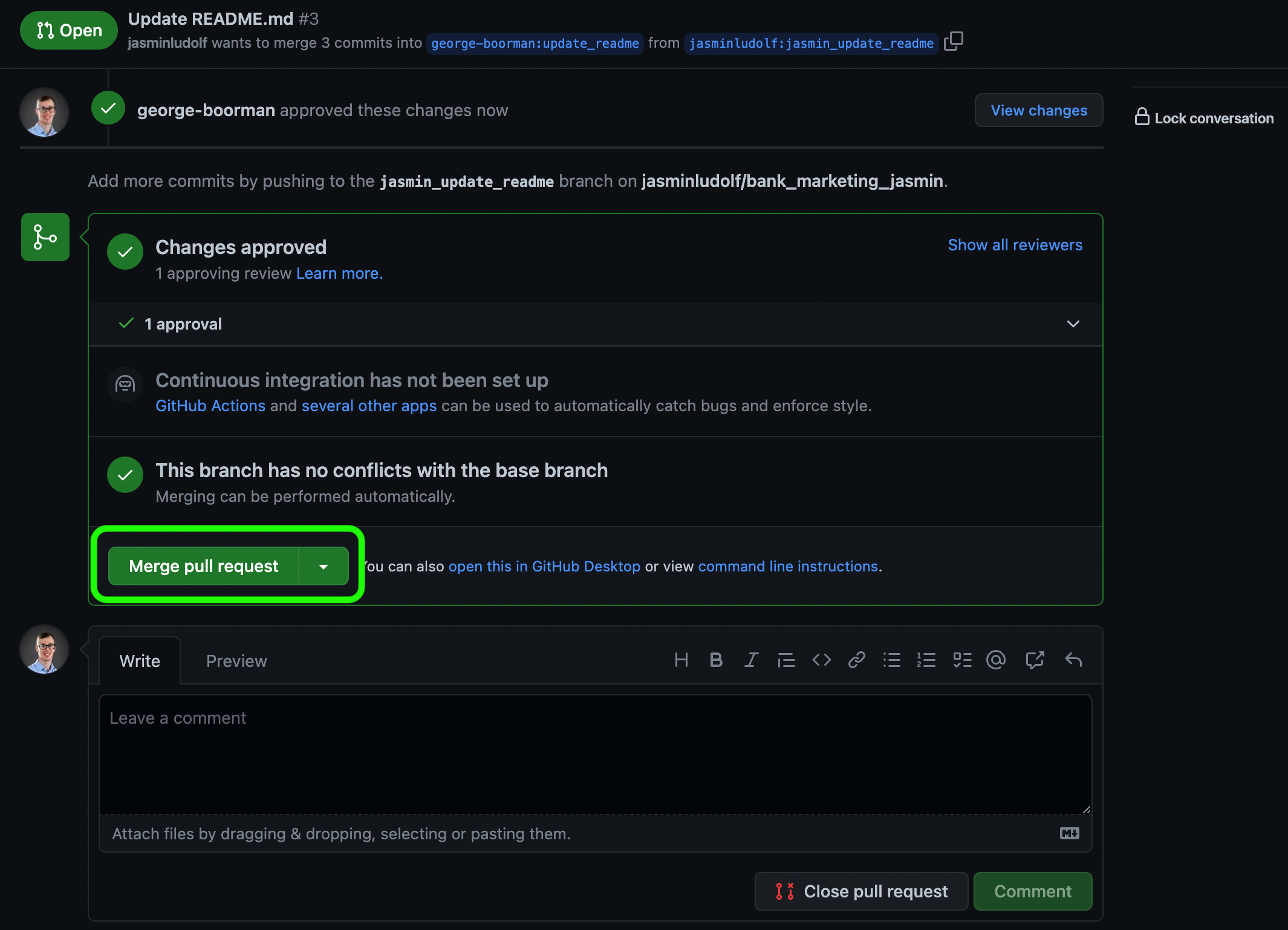 Owner view of an approved PR with the merge button highlighted