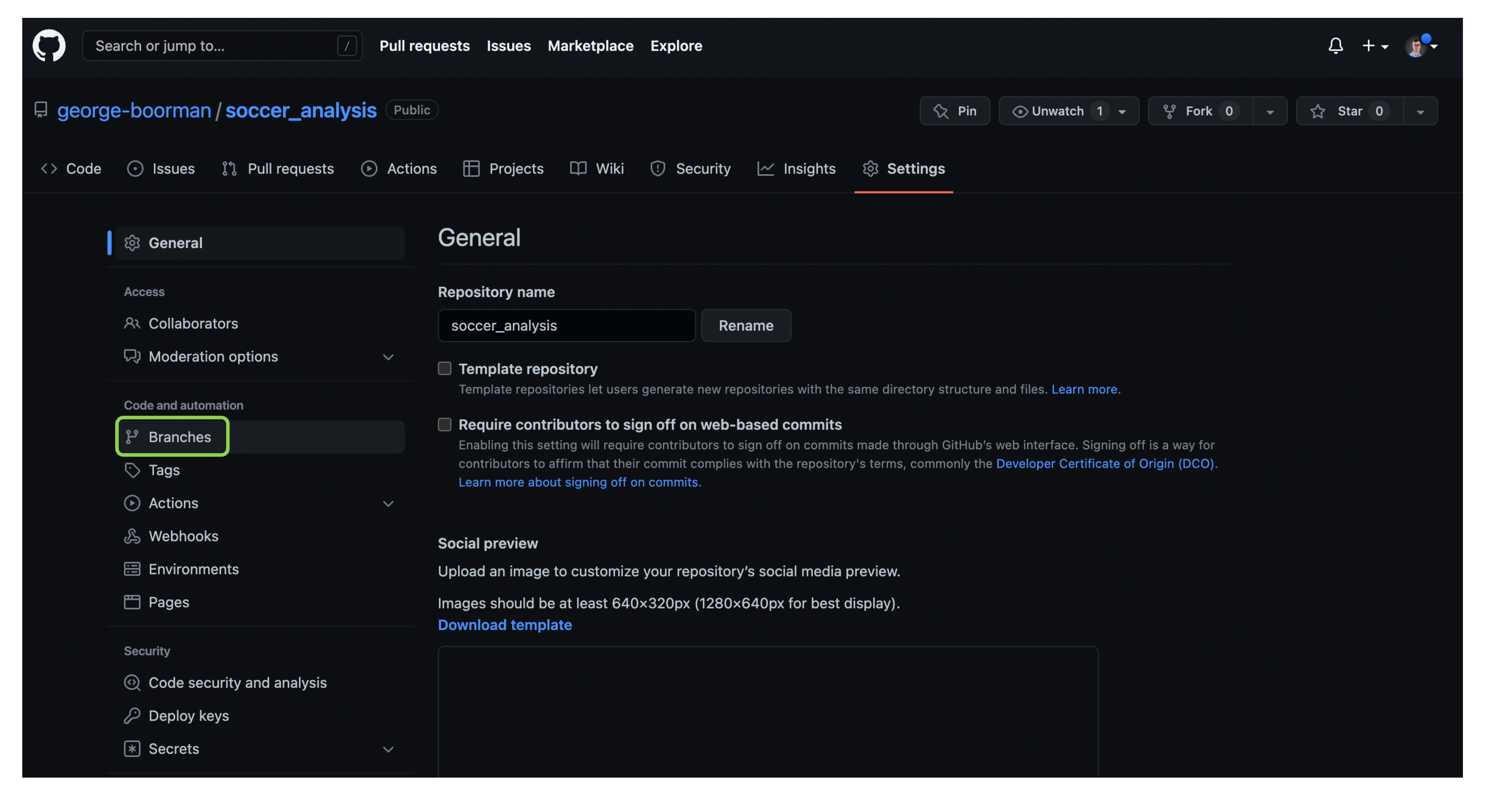branches section of Settings tab