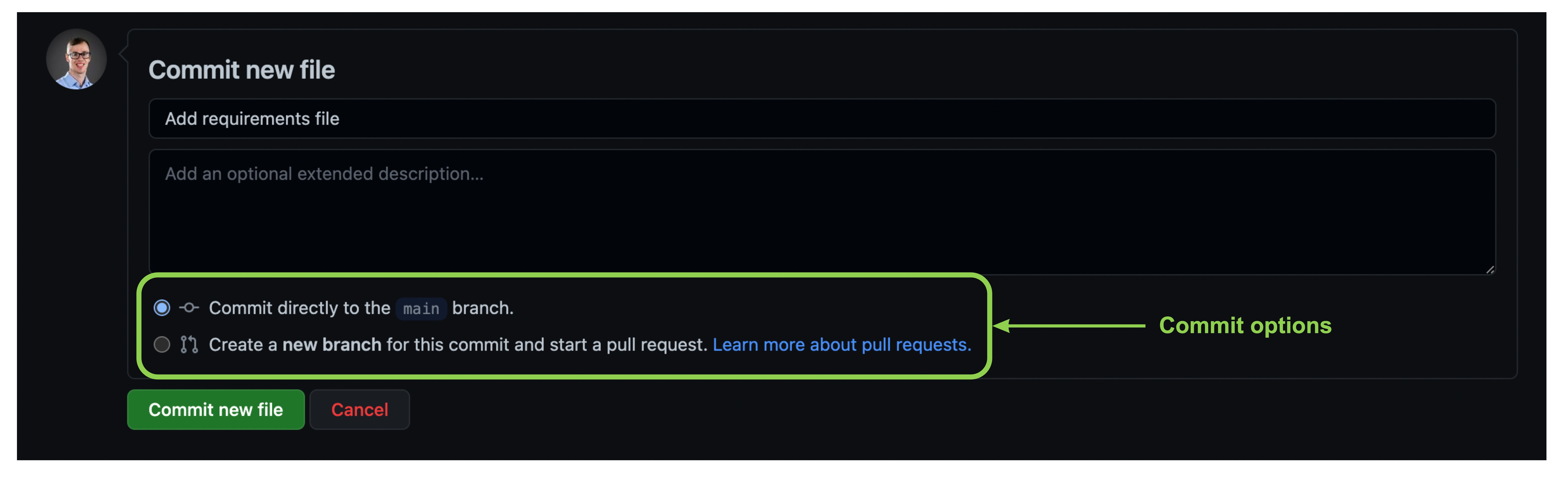 Options for how to save the file - commit to current branch or make a new branch and start a pull request
